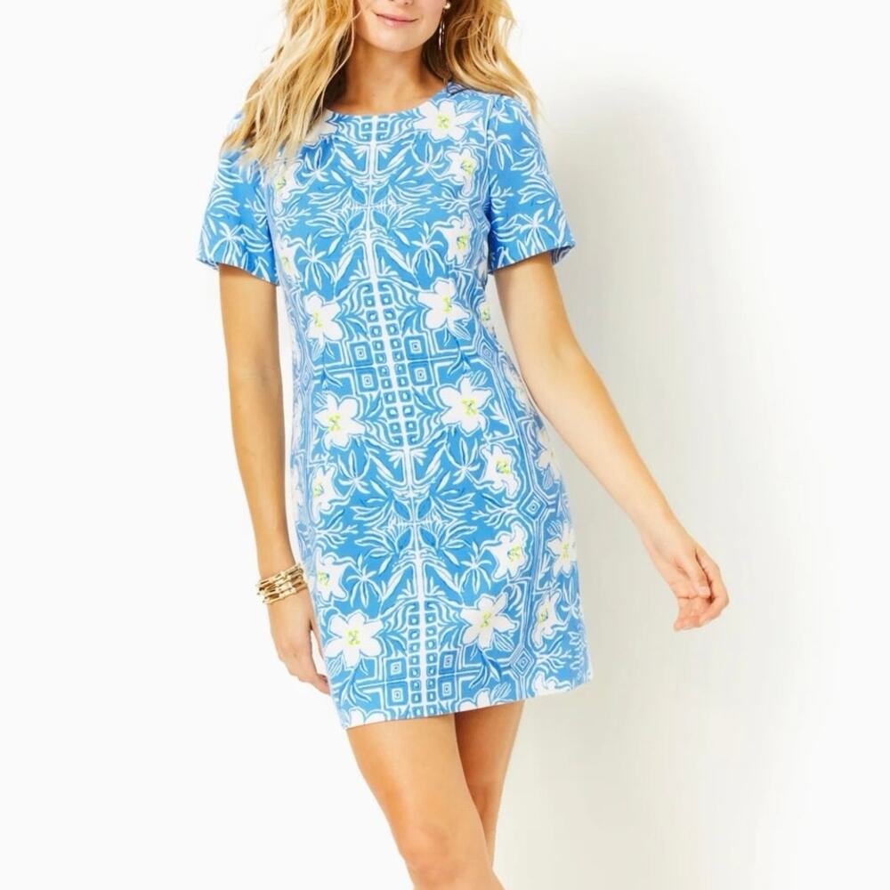 NWT Lilly Pulitzer Dixey Printed Short-Sleeve Shift Dress Lunar Blue Sz 14